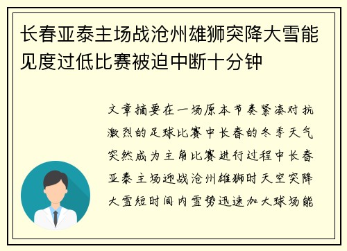 长春亚泰主场战沧州雄狮突降大雪能见度过低比赛被迫中断十分钟 长春亚泰主场战沧州雄狮突降大雪能见度过低比赛被迫中断十分钟