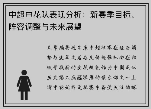 中超申花队表现分析:新赛季目标、阵容调整与未来展望 中超申花队表现分析:新赛季目标、阵容调整与未来展望